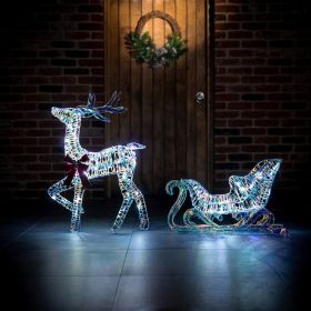 85cm Iridescent Reindeer & Sleigh 70 White LED